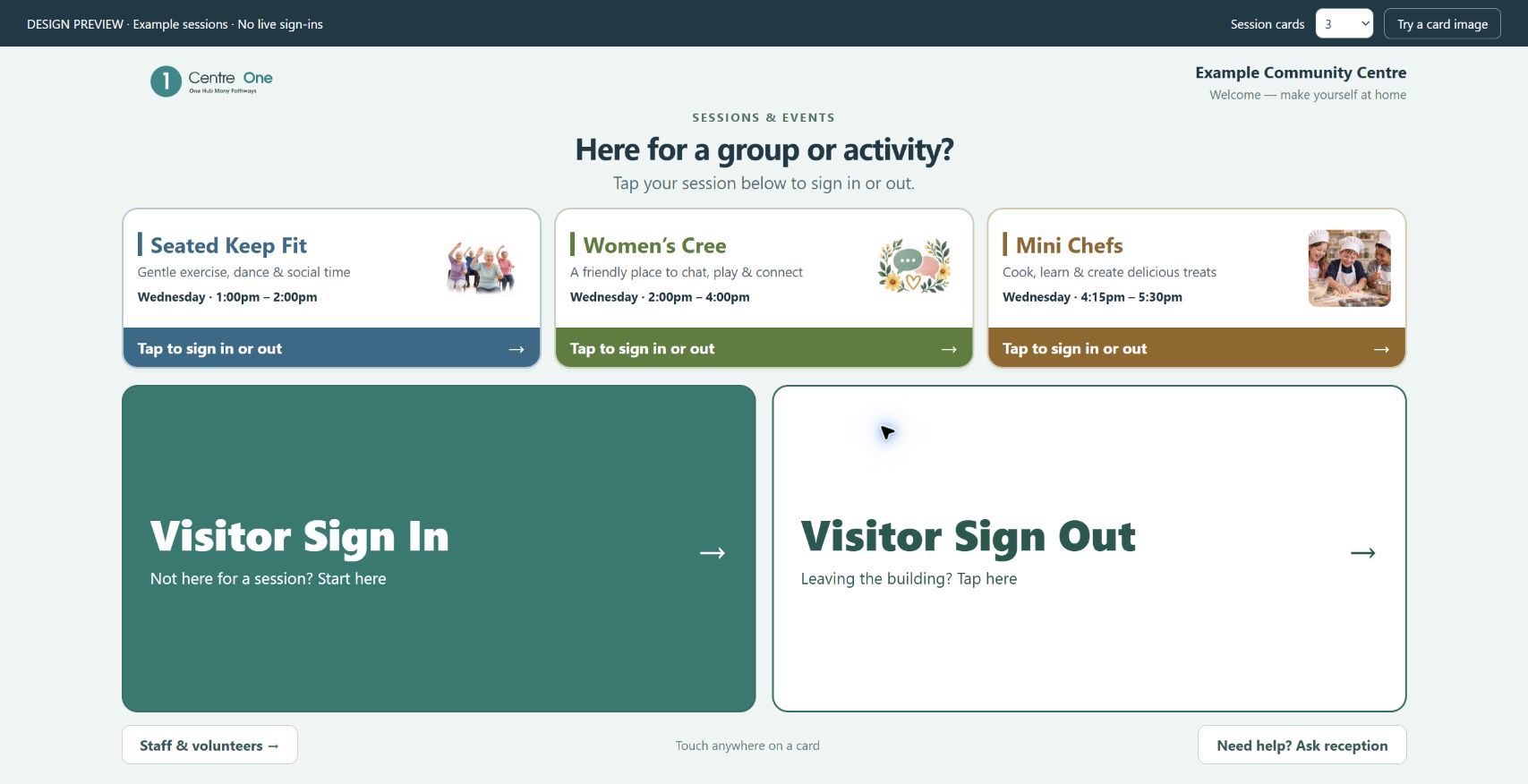 Example reception layout with large visitor buttons and visual session cards